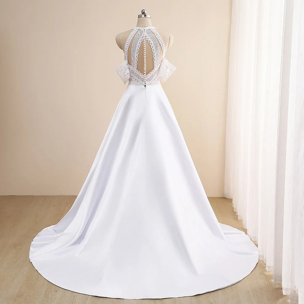 A-Line Wedding Dresses Sexy Illusion O Neck Off Shoulder Button Cut-Out Lace Appliqued New Long Bridal Gowns Custom