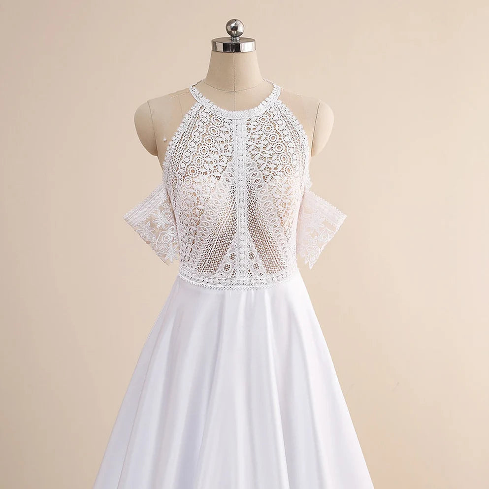 A-Line Wedding Dresses Sexy Illusion O Neck Off Shoulder Button Cut-Out Lace Appliqued New Long Bridal Gowns Custom