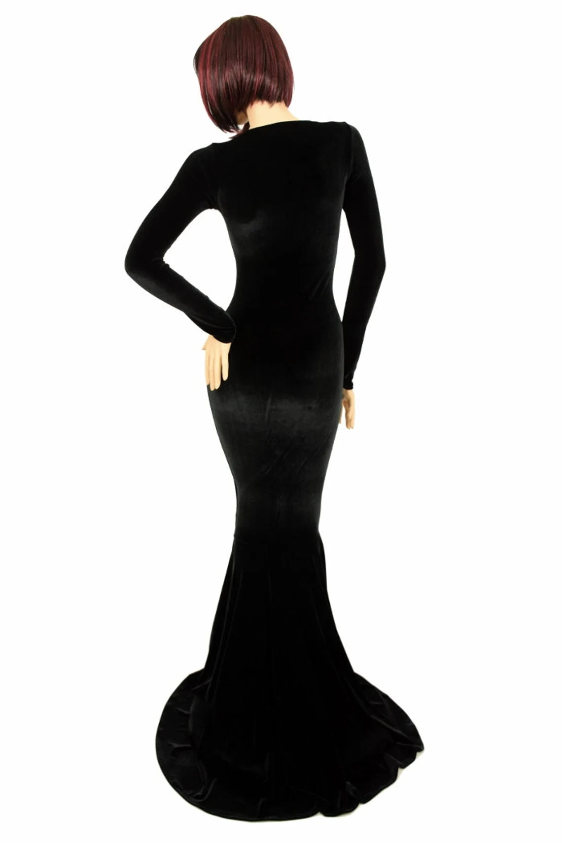 Bewitching Long Black Velvet Gown with Crew Neckline Long Sleeves and Puddle Train
