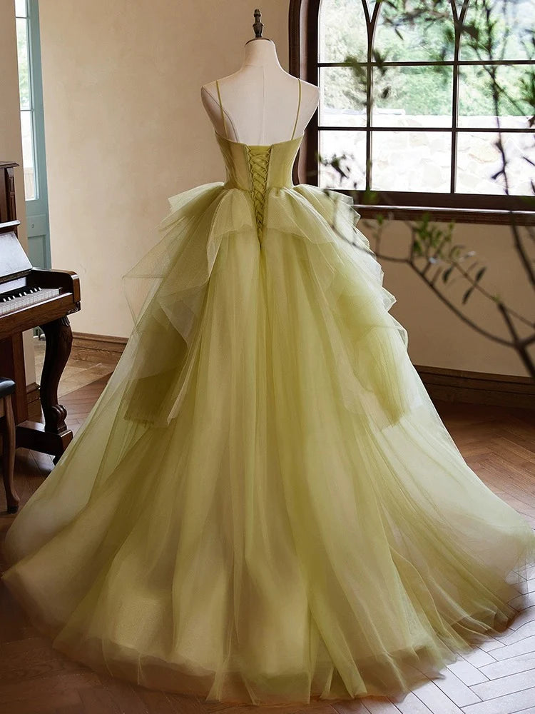 A-Line Sweetheart Neck Tulle Green Long Prom Dress