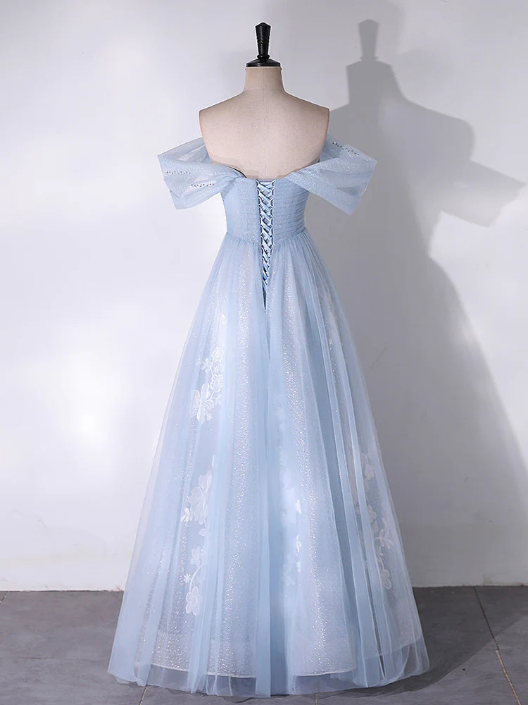 Off Shoulder Tulle Lace Blue Long Prom Dress Blue Long Formal Dress