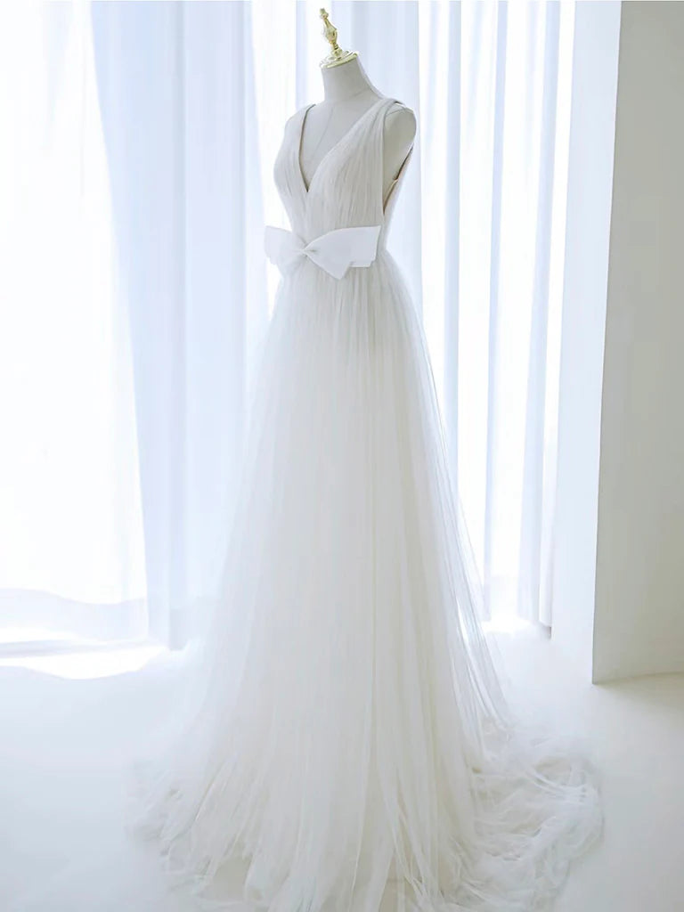 Simplicity A-Line V Neck White Tulle Long Wedding Dress with Bow