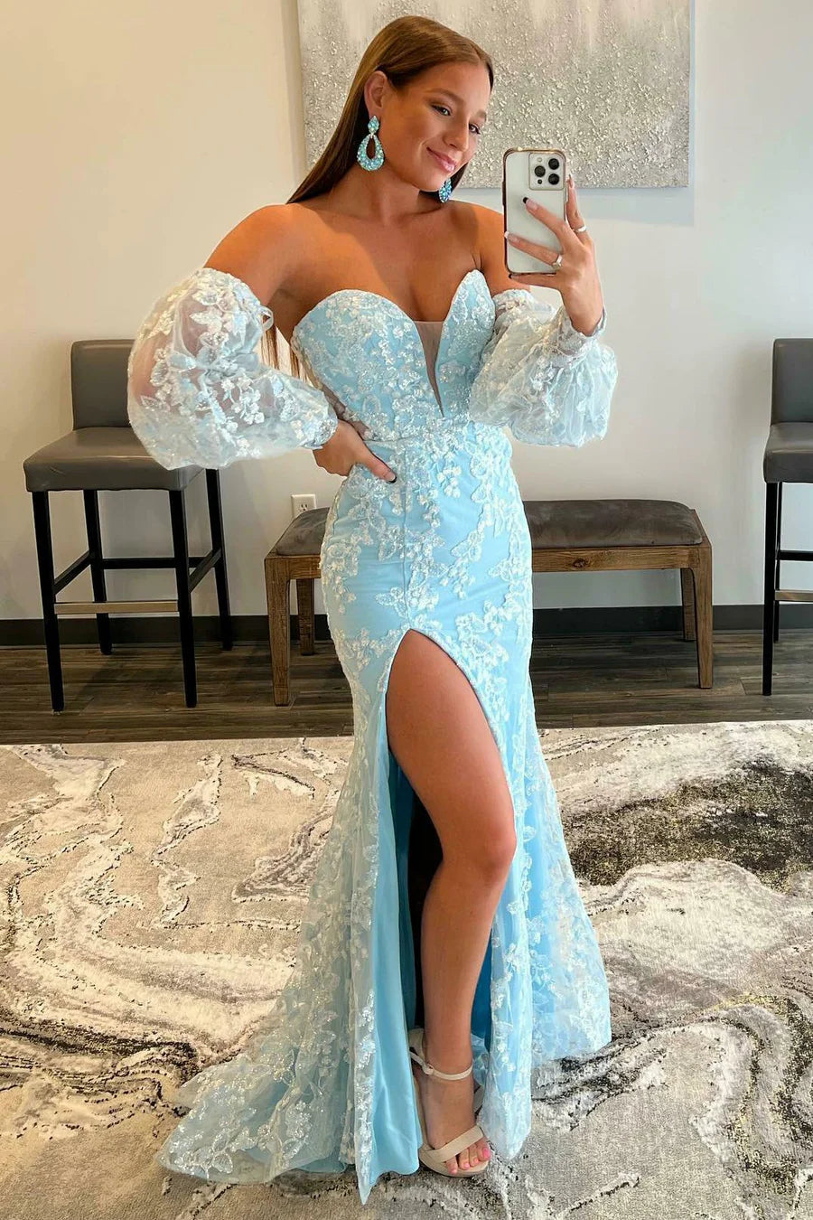 Lace Strapless Puff Sleeve Long Prom Dress