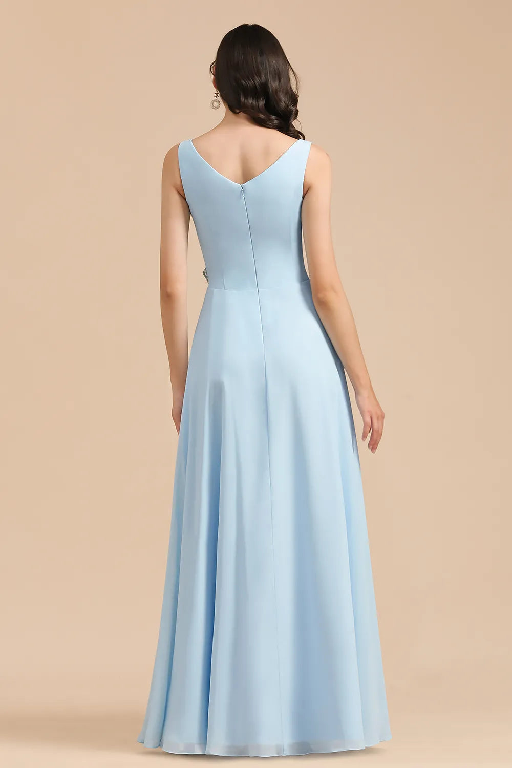 Long A-line V-Neck Ruffle Chiffon Bridesmaid Dress