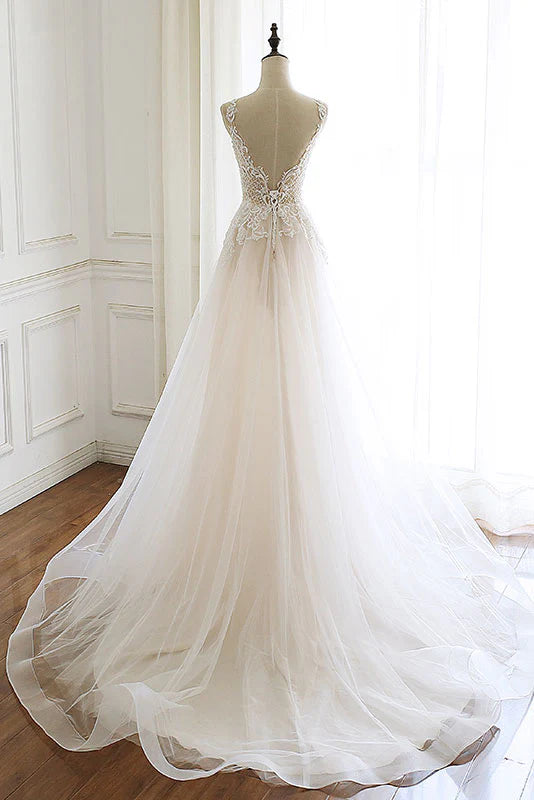 White v neck tulle lace long prom dress white tulle evening dress