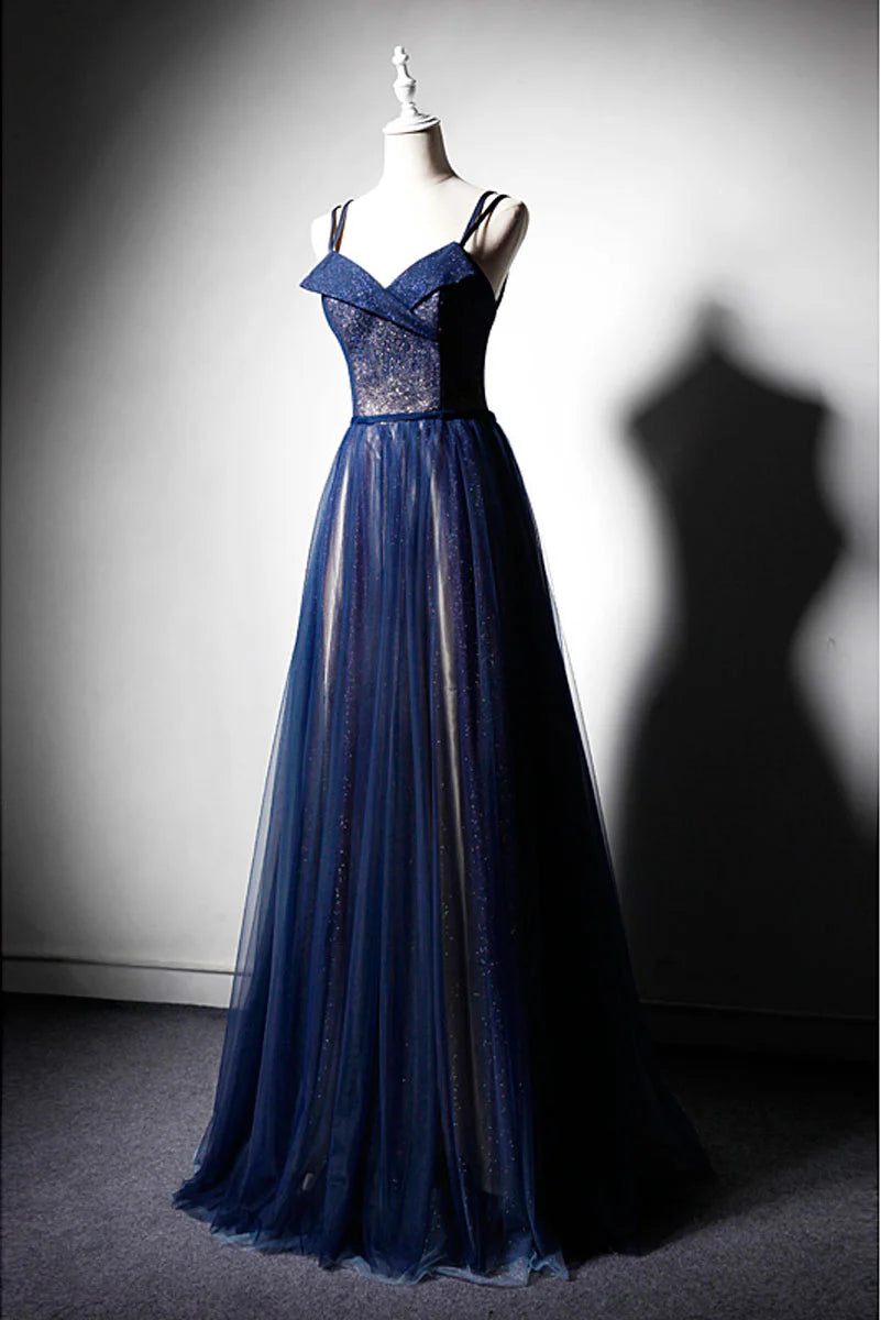 Dark blue tulle long prom dress dark blue evening dress