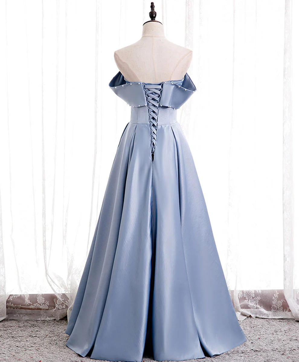 Off Shoulder Satin Long Prom Dress Blue Bridesmaid Dress