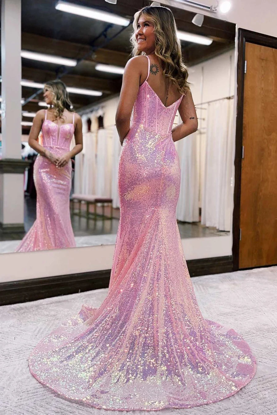 Pink Scoop Neck Straps Trumpet Long Prom Dress