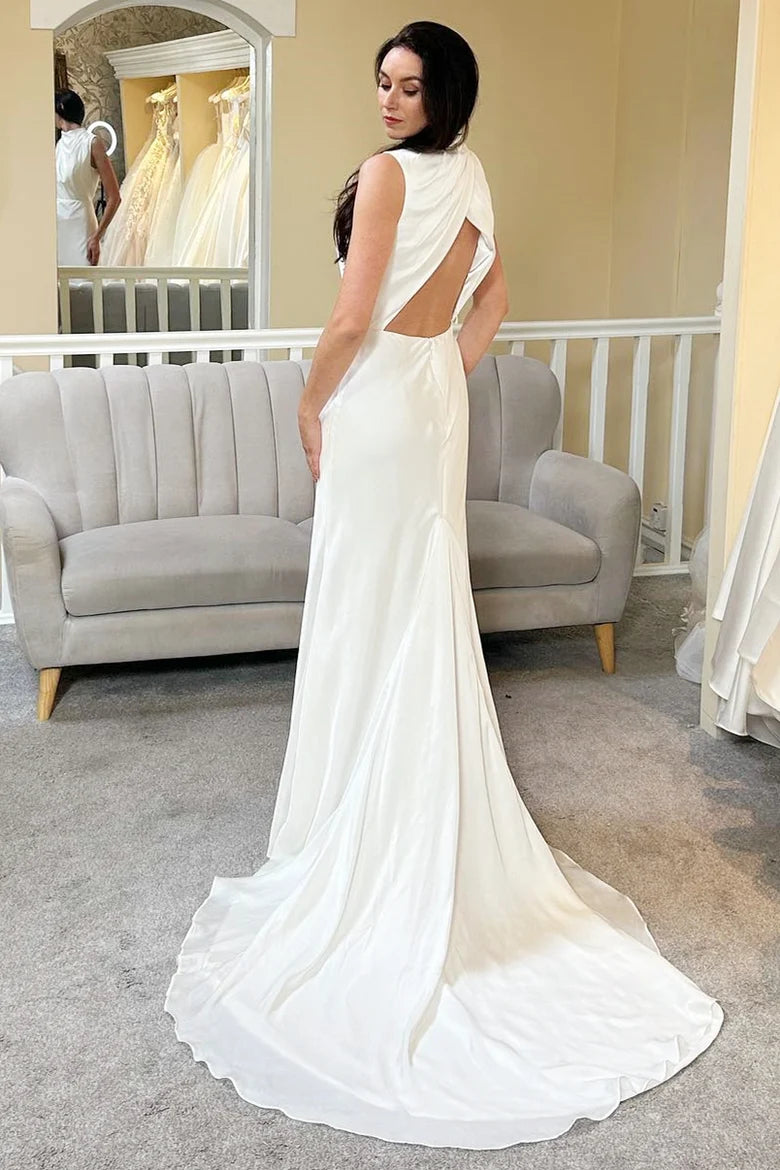 High-Collar Backless A-Line Long Wedding Dress