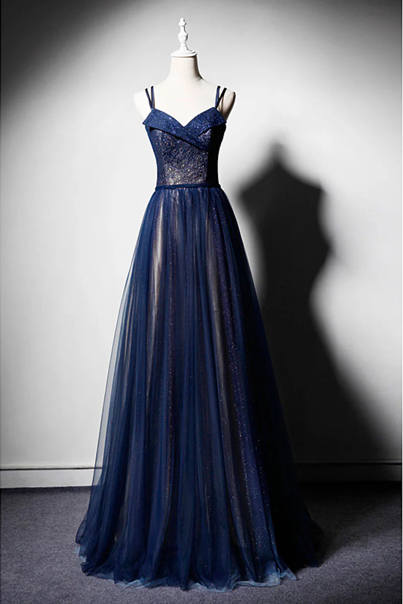 Dark blue tulle long prom dress dark blue evening dress