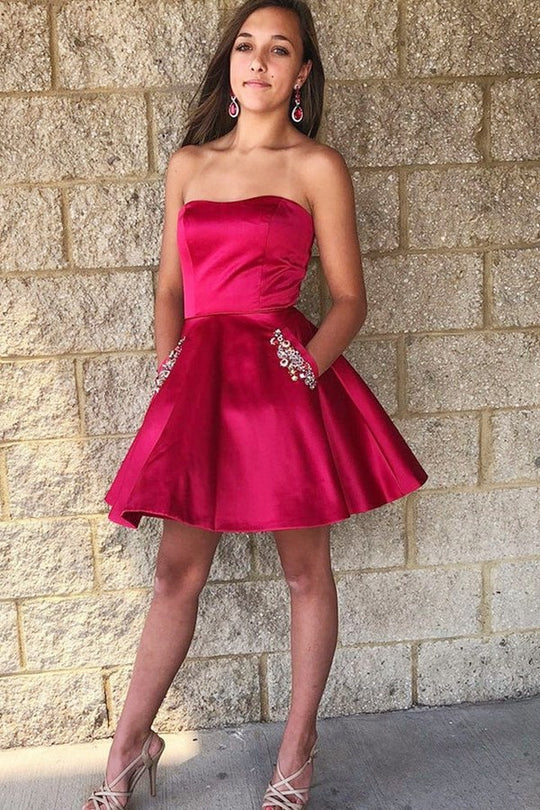 Strapless A-Line Short Homecoming Dress with Pockets