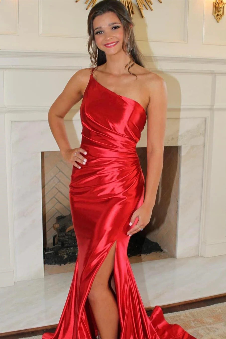 One-Shoulder Ruched Long Prom Dress with Slit