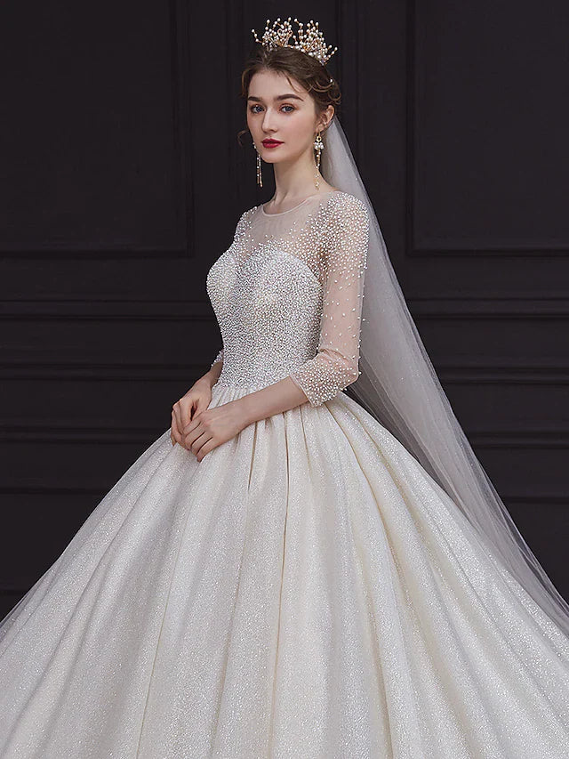DingjiPrincess Ball Gown Wedding Dresses Jewel Neck Chapel Train Lace Tulle Sequined Long Sleeve Formal Romantic Luxurious Sparkle & Shine with Beading Sequin