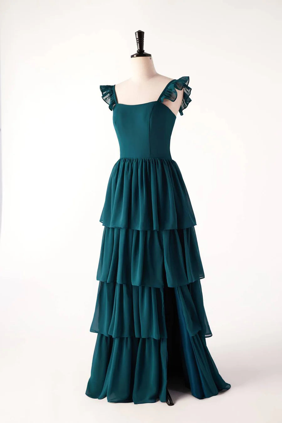 Straps Dark Blue Ruffle Long Bridesmaid Dress