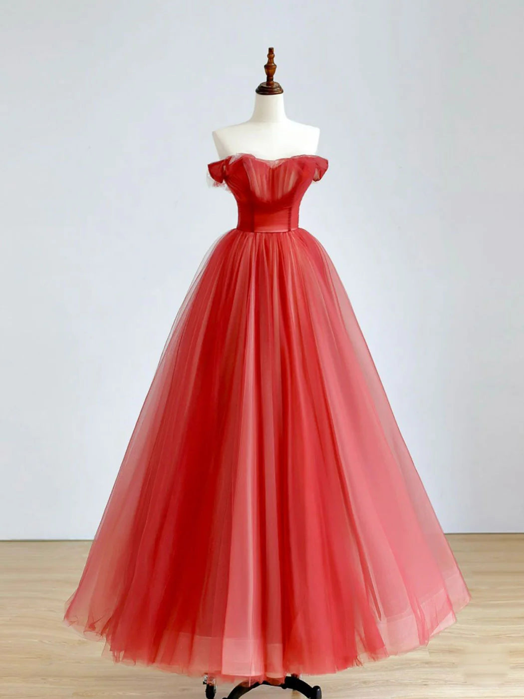 A-Line Long Prom Dress Red Tulle Formal Graduation Dresses