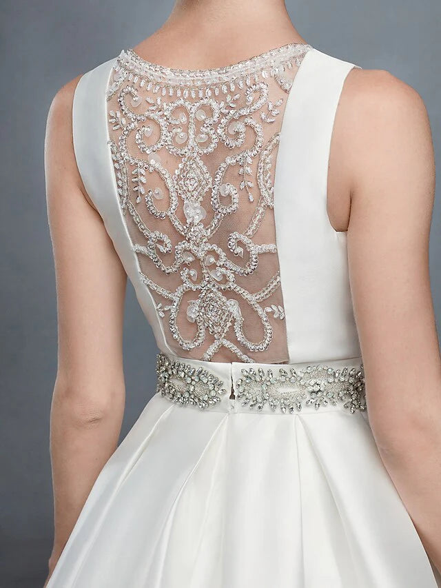 Ball Gown Wedding Dresses Bateau Neck Court Train Lace Satin Regular Straps Formal Backless with Lace Sash Ribbon Beading