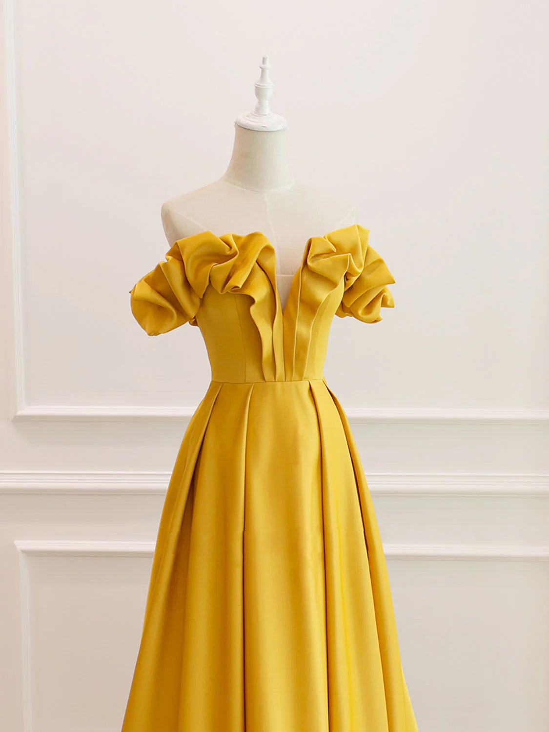 A-Line Off Shoulder Satin Yellow Long Prom Dress