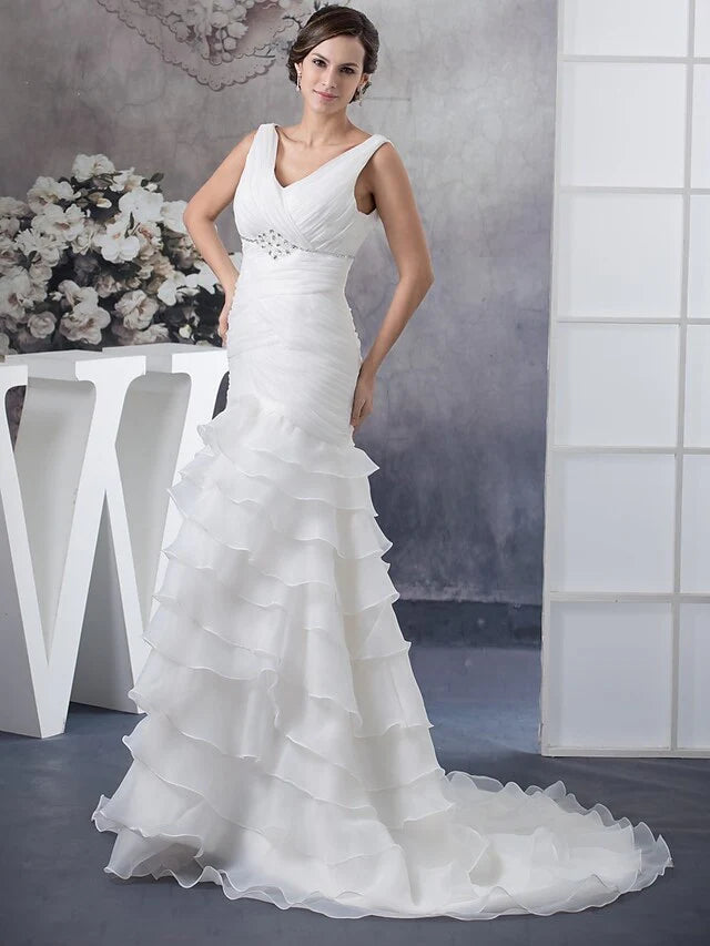 DingjiWedding Dresses V Neck Chapel Train Organza Regular Straps with Ruched Beading Cascading Ruffles