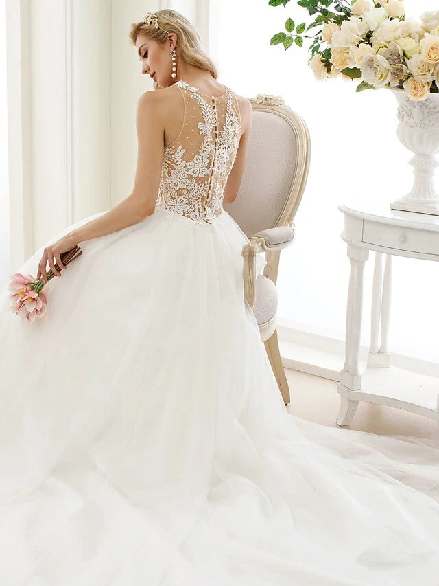 DingjiBall Gown Wedding Dresses Jewel Neck Chapel Train Lace Tulle Lace Over Tulle Regular Straps See-Through Beautiful Back with Buttons Appliques