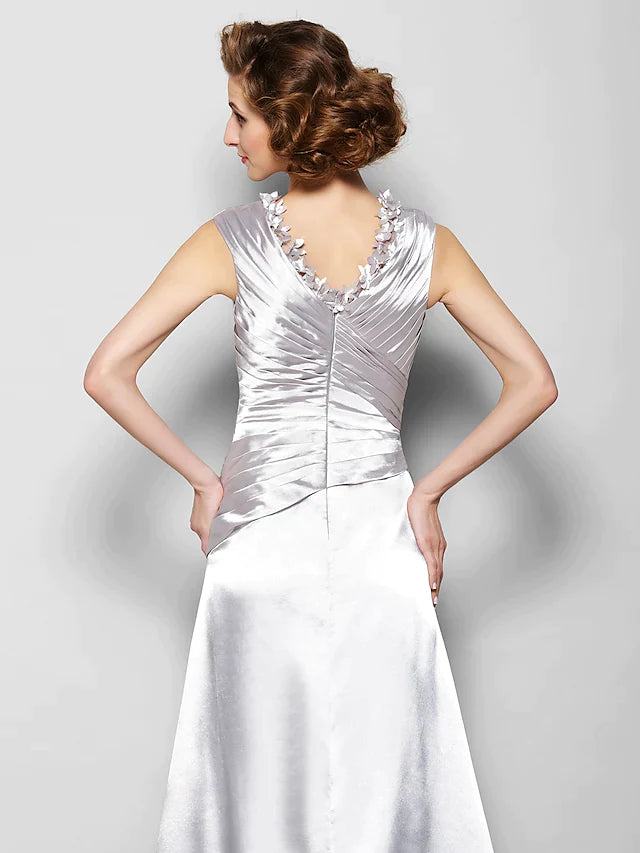 A-Line Mother of the Bride Dress V Neck Stretch Satin Sleeveless with Criss Cross Beading Side Draping