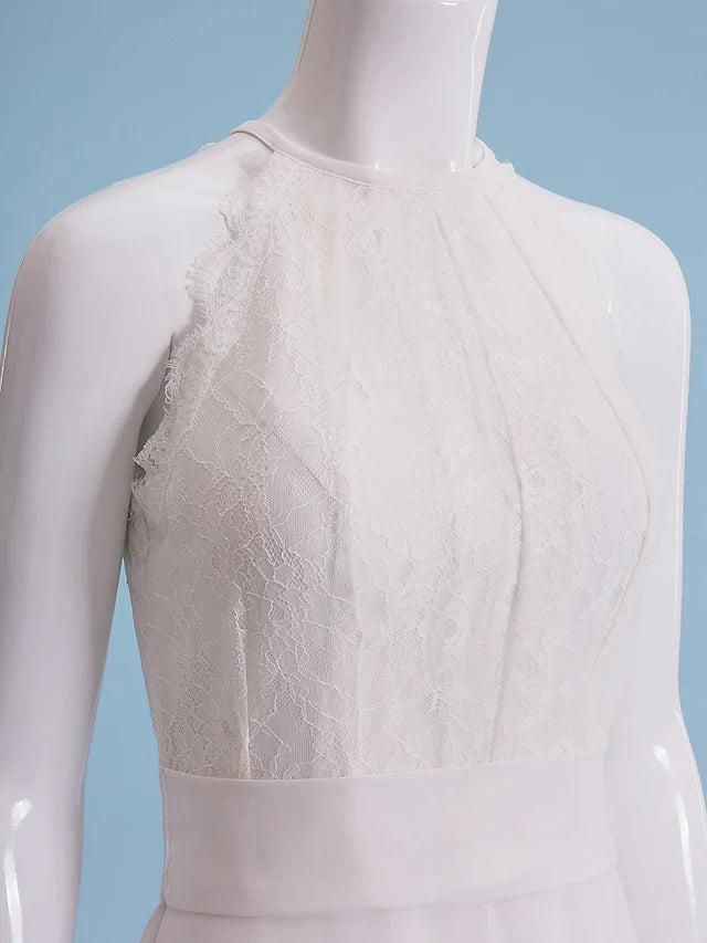 DingjiWedding Dresses Jewel Neck Floor Length Chiffon Lace Regular Straps Floral Lace with Lace Sash Ribbon