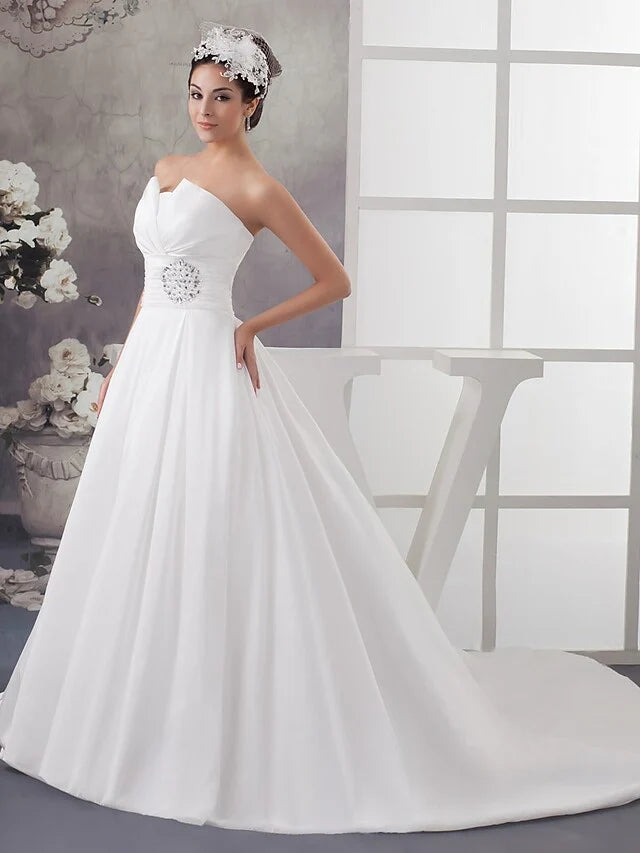 DingjiA-Line Wedding Dresses Strapless Chapel Train Satin Strapless with Ruched Beading Draping