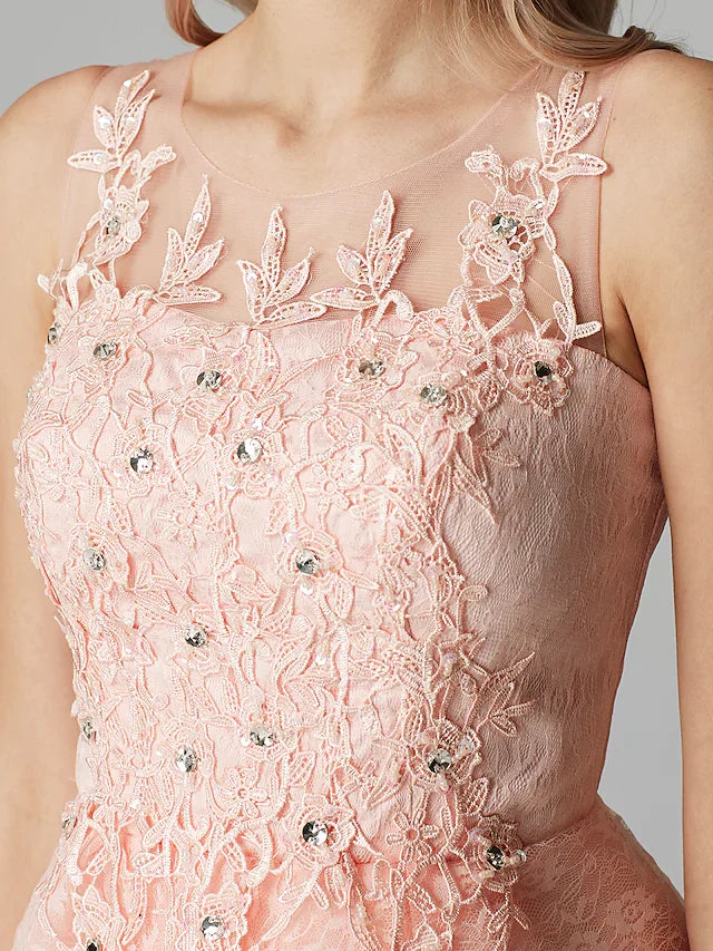 DingjiA-Line Sparkle Homecoming Cocktail Party Dress Pink Illusion Neck Sleeveless Short Mini Tulle Floral Lace with Sequin Appliques