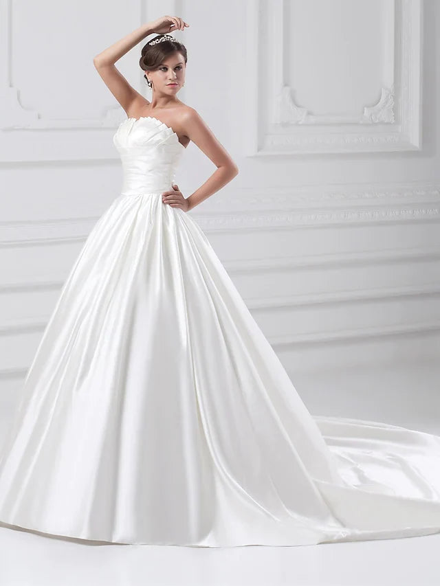 Dingji Ball Gown Wedding Dresses Strapless Court Train Satin Strapless Plus Size with Ruched Draping
