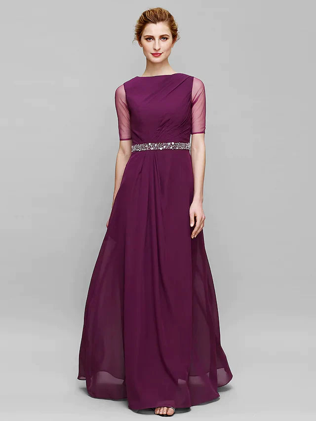 Mother of the Bride Dress Elegant Bateau Neck Floor Length Chiffon Tulle Half Sleeve with Beading