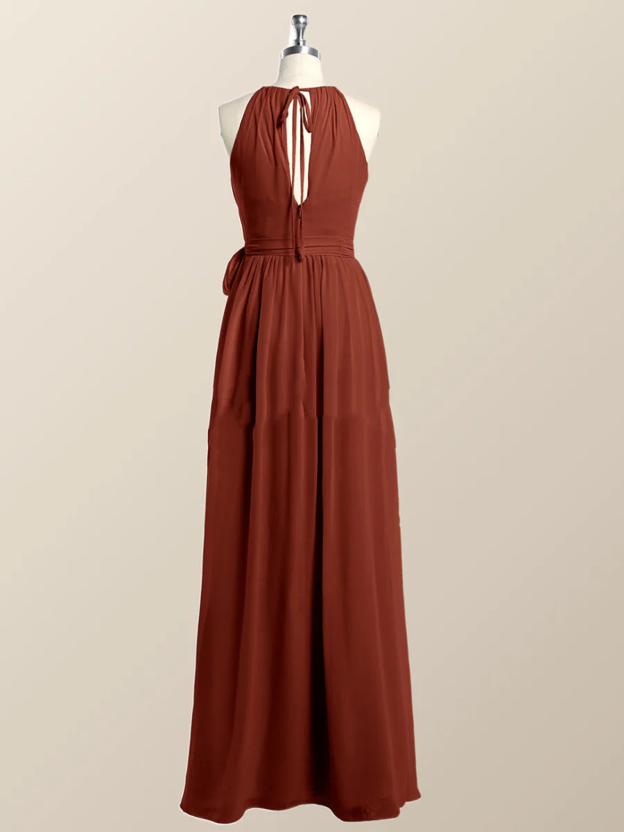Halter Burgundy Chiffon A-line Long Bridesmaid Dress