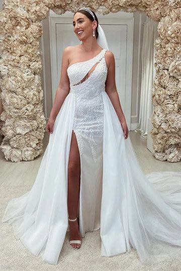 Beaded One-Shoulder Cutout Wedding Dress