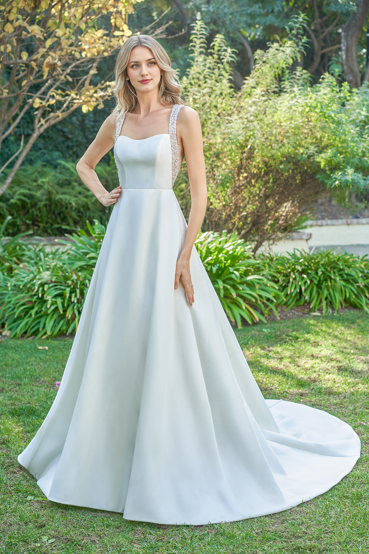 A-line square neckline sleeveless beaded backless and floor length wedding dress