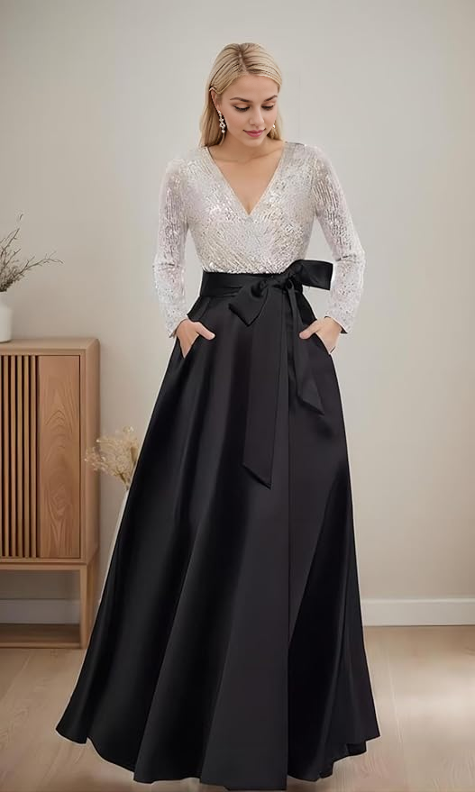 DingJi Wedding Satin Shining Long Sleeve Ball Dress with Pocket V-neck Split Women's Formal Wedding Guest Dress