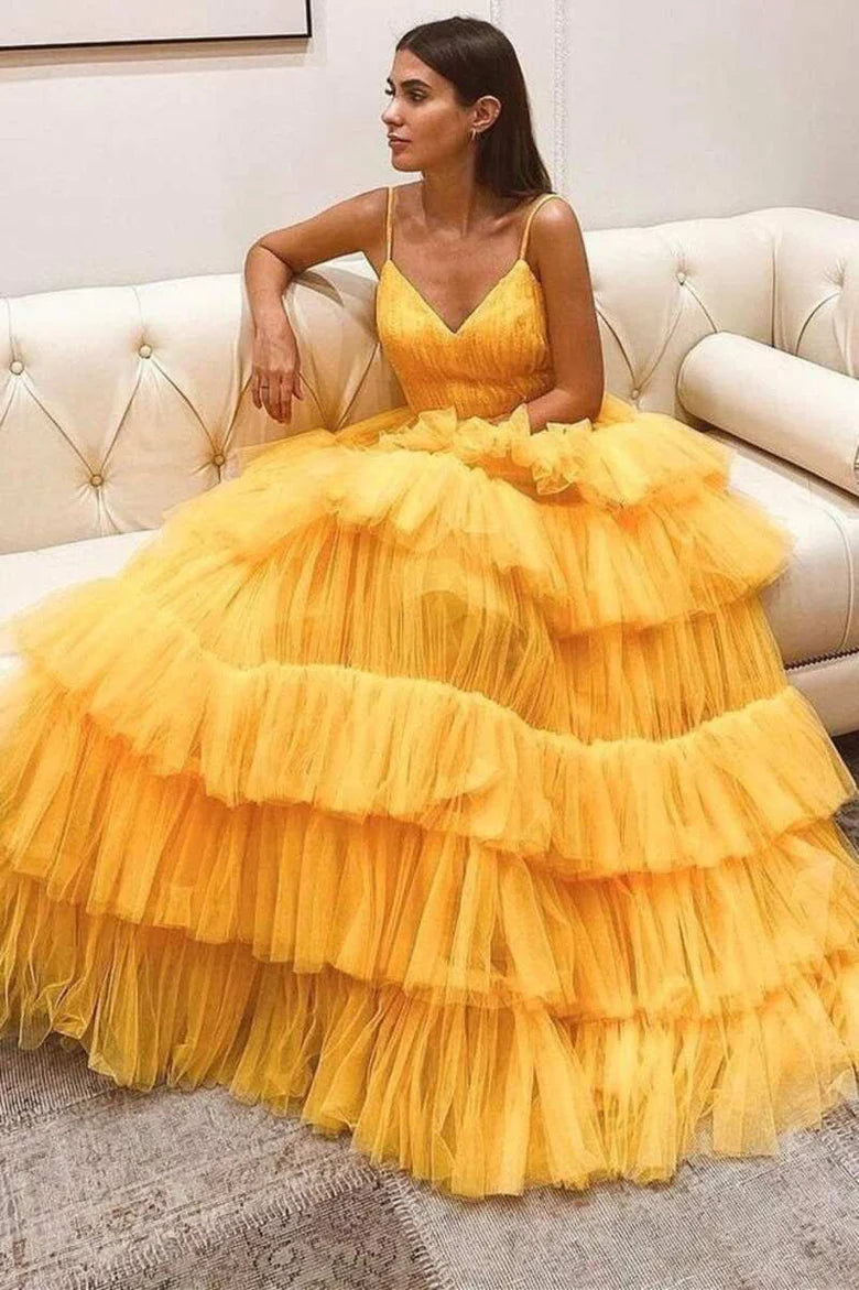 Yellow Tulle Straps Backless Long Prom Dress