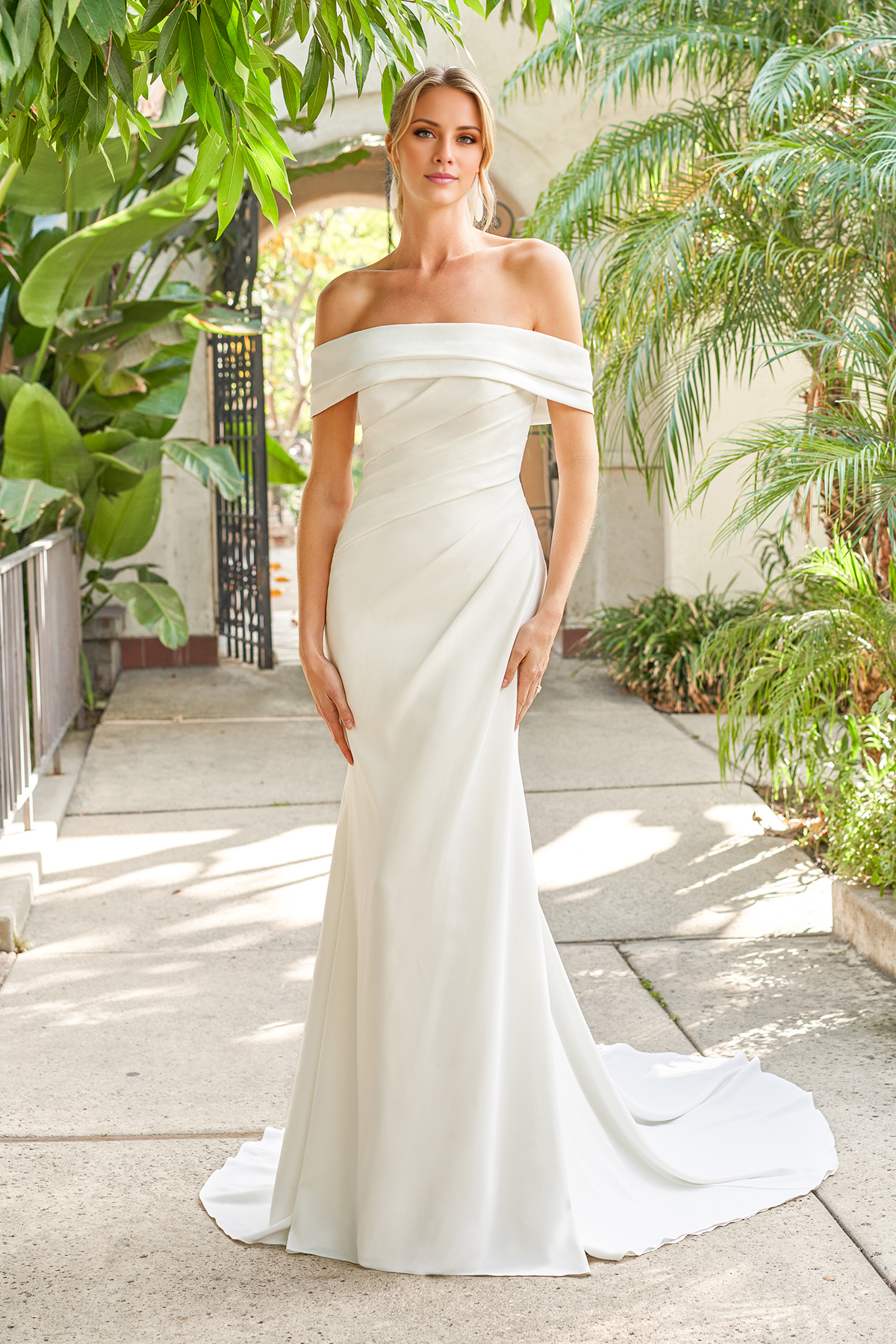 Off shoulder collar sleeveless backless and floor length wedding dress