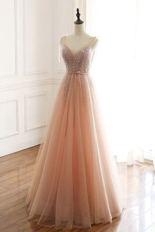 Champagne tulle beads sequin long prom dress evening dress