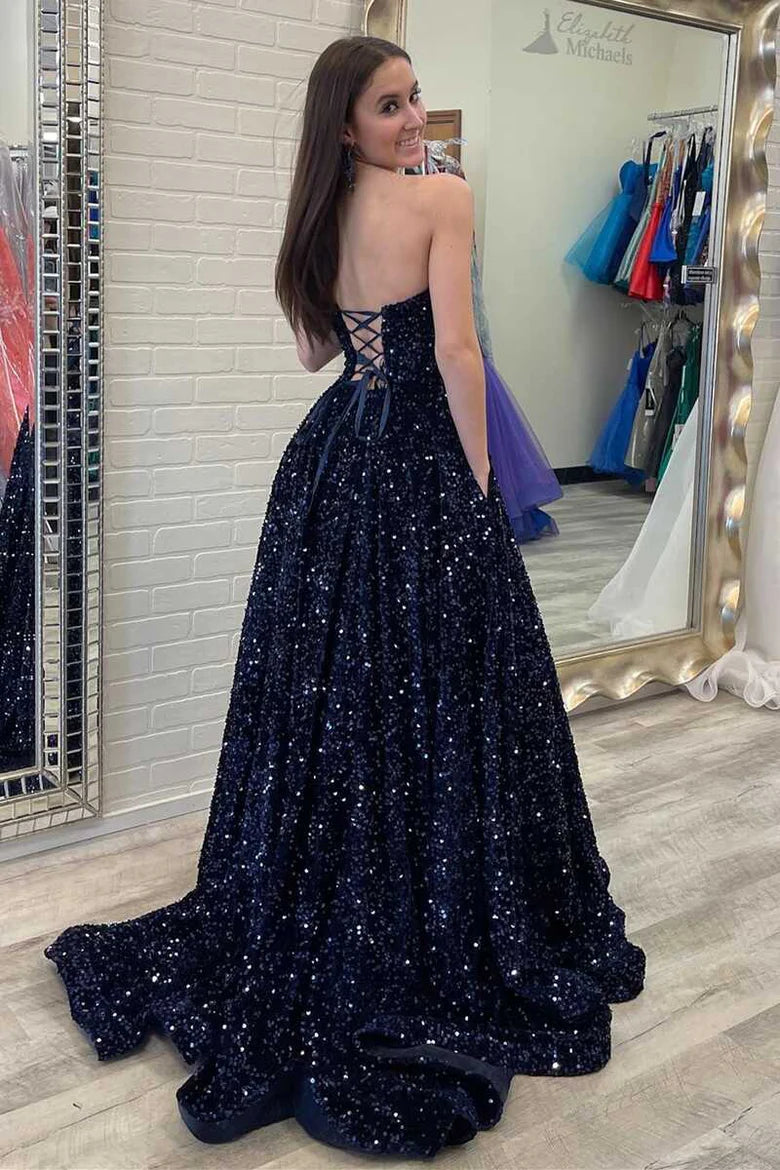 Sequin Strapless A-Line Long Prom Gown