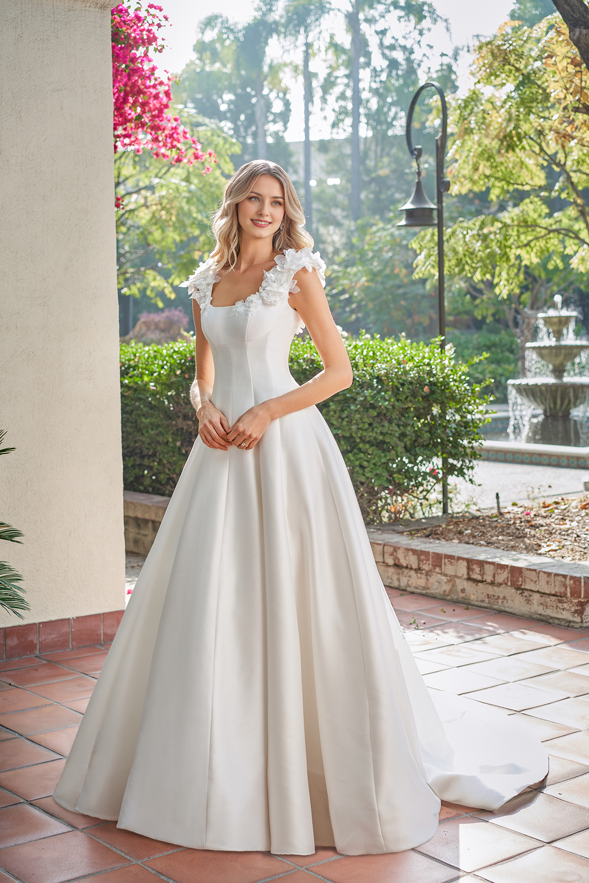 A-line square neckline sleeveless floral shoulder strap backless and floor length wedding dress