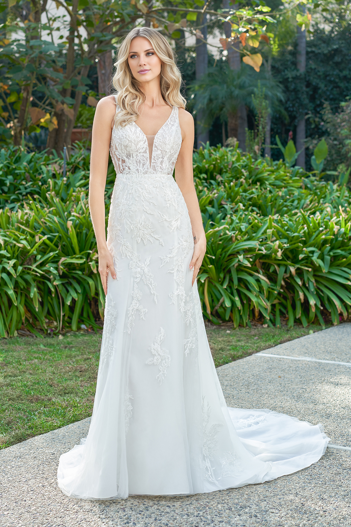 Deep V-neck off shoulder sleeveless lace floral patch backless and floor length wedding dress