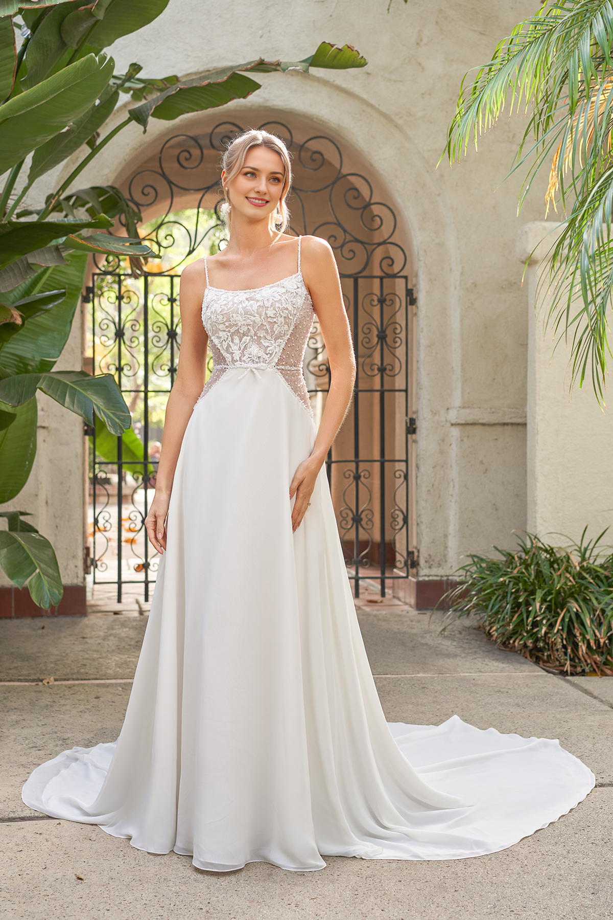 A-line square neckline sleeveless thin shoulder strap lace patchwork backless and floor length wedding dress