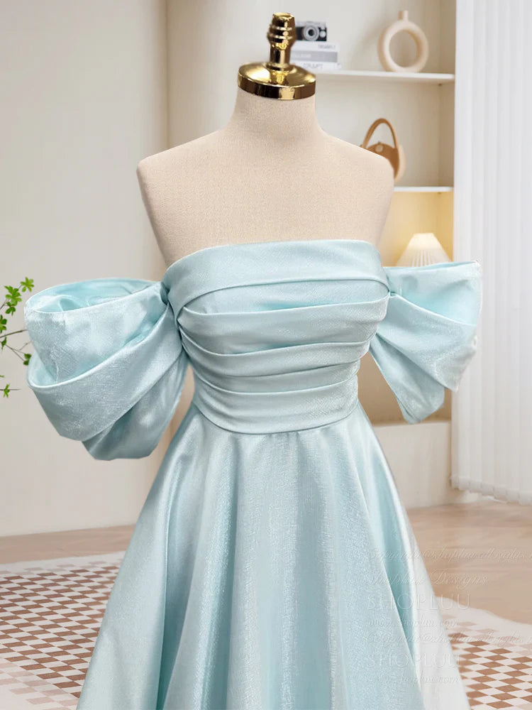 A-Line Off Shoulder Blue Long Prom Dress