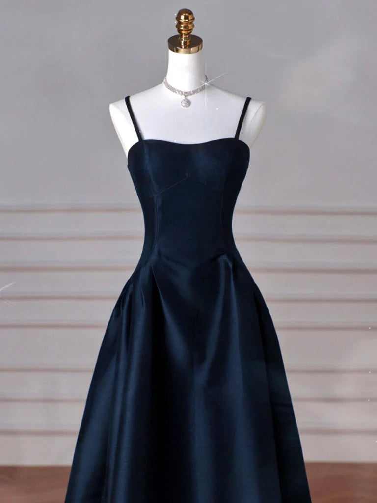 A-Line Dark Blue Satin Long Prom Dress Dark Blue Long Formal Dress
