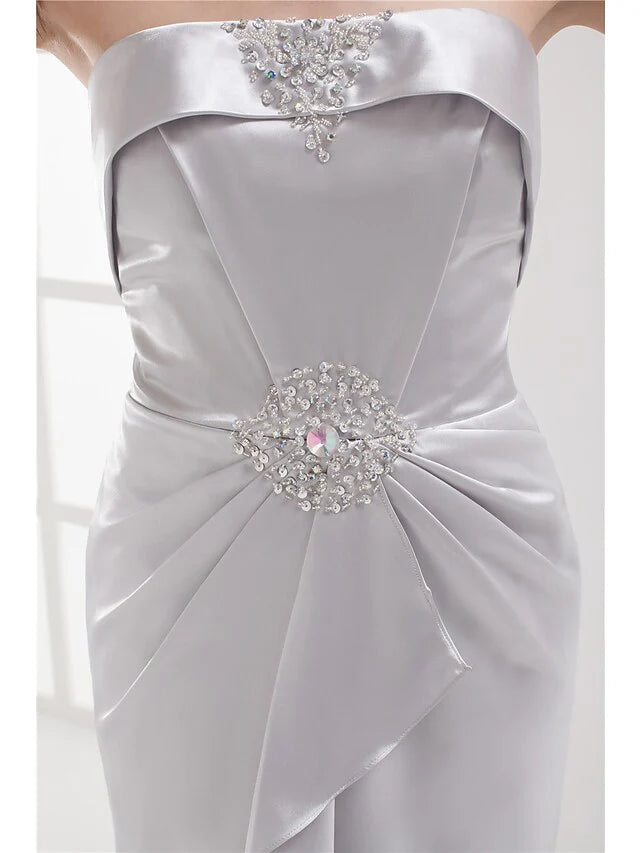 DingjiElegant Cocktail Party Dress Strapless Sleeveless Knee Length Stretch Satin with Beading