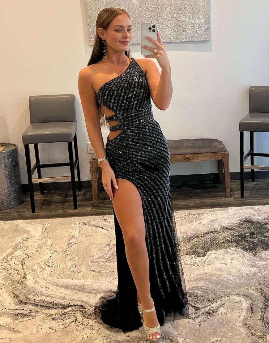 Sequin Waist Cutout Long Prom Dress