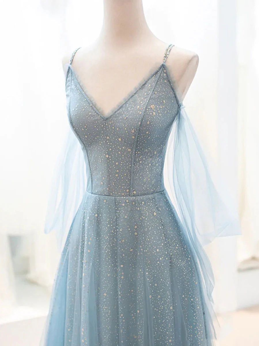 V Neck Tulle Sequin Long Prom Dress Blue Evening Dress