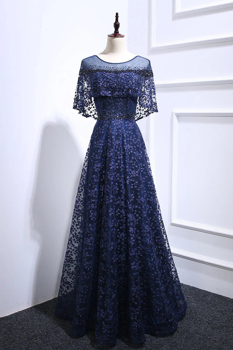 Dark blue lace long prom dress blue lace evening dress