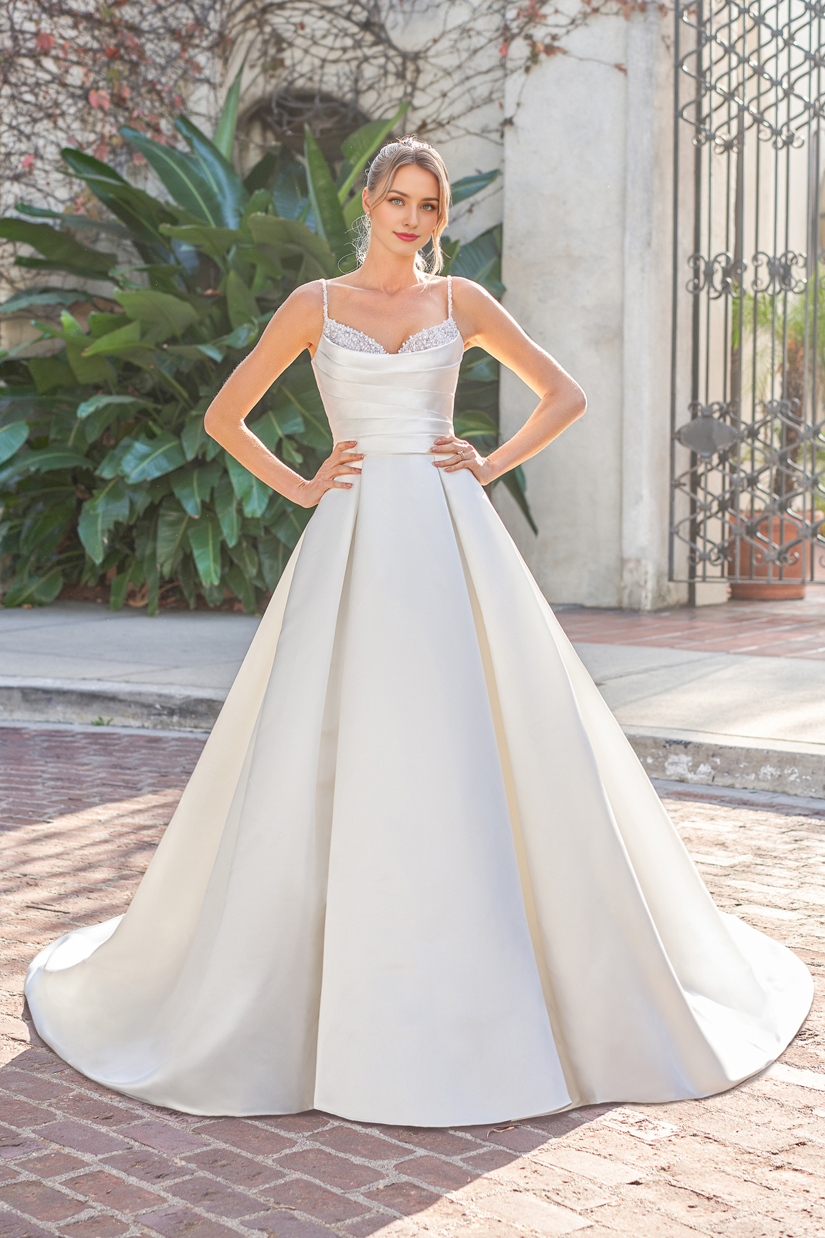 A-line V-neck sleeveless thin shoulder strap beaded backless and floor length wedding dress