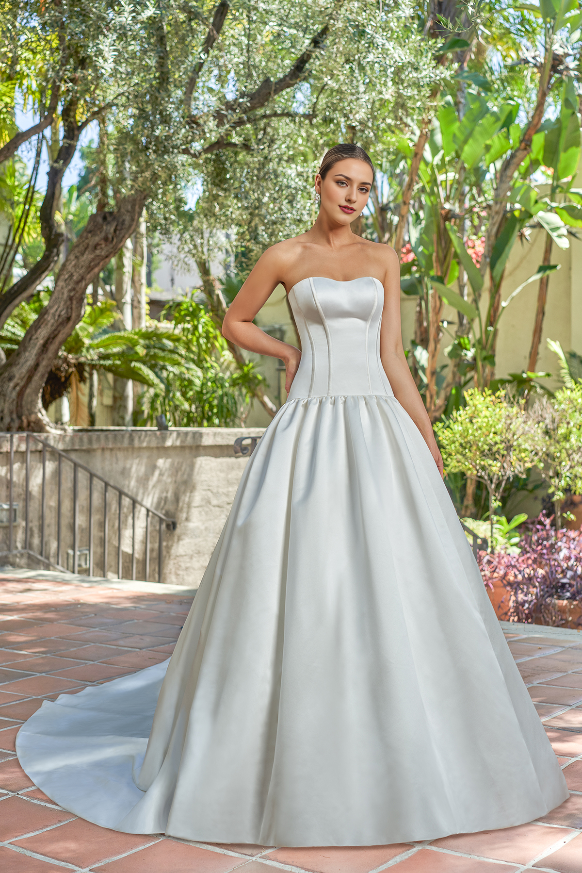 A-line off shoulder collar sleeveless strapless backless and floor length wedding dress