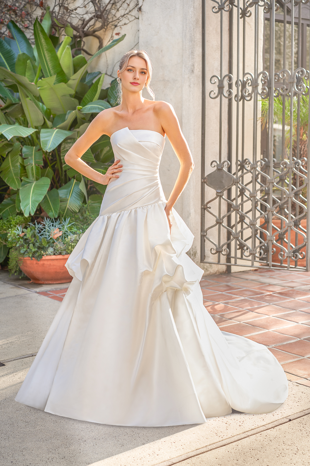A-line off shoulder collar sleeveless strapless backless and floor length wedding dress