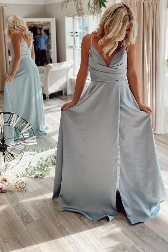 Satin Pleated V-Neck Backless Long Prom Dress
